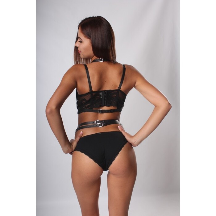 Портупея та пояс для панчох із бантиками Candy Hero 'Kit17' натуральна шкіра, чорний