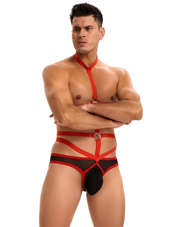 Чоловічі труси з портупеєю та чокером Star Night червоний-чорний, L