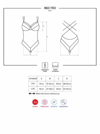 Боди из полупрозрачной ткани, с узорами из кружева Obsessive 860-TED-1, черный, S/M