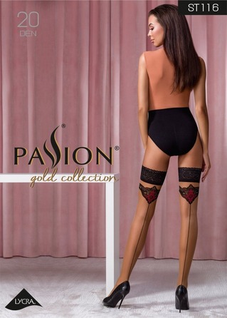 Чулки кружевные ST116 бежевые с черно-красной отделкой 3/4 (20 den) - Passion
