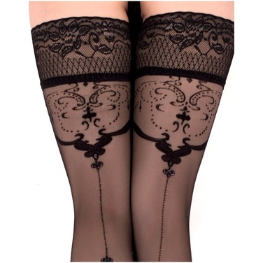 Панчохи Ballerina's Secret з фантазійними візерунками та мереживом на силіконовій основі, чорні, L/XL