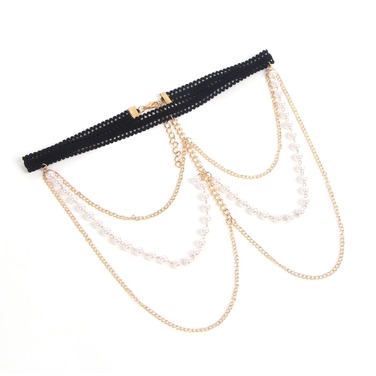 Гартер на ножку Star Night с подвесками из золотистых цепочек и ряда жемчужин, One Size
