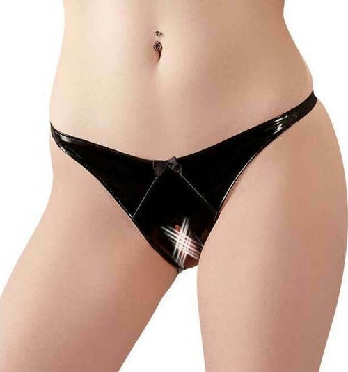 Трусики с интимным вырезом из винила Black Level черные, S/M