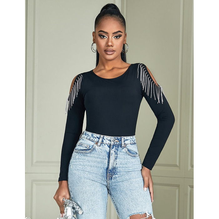 Черный боди с длинными рукавами Star Night и кисточками из цепочек, L