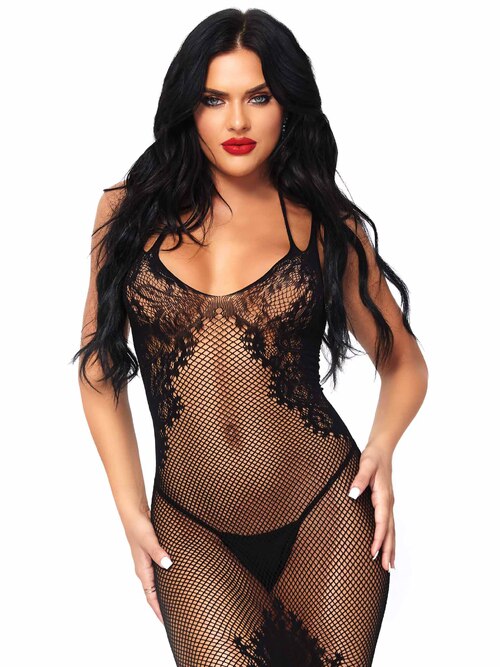 Сексуальное платье длинное в сетку с цветочным узором Leg Avenue черное, O/S