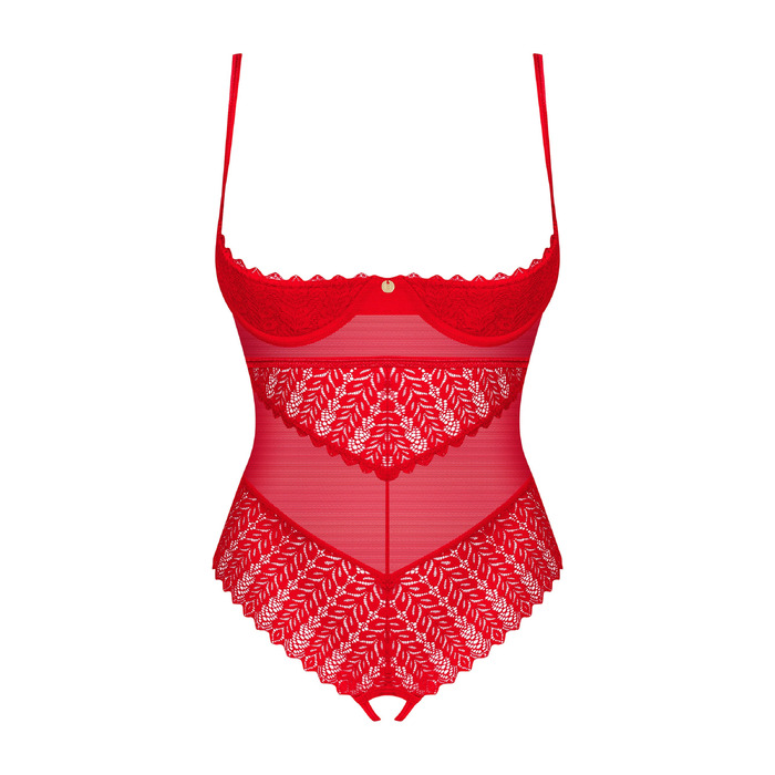 Боди кружевной с открытым бюстом и доступом Obsessive Ingridia красный, XS/S